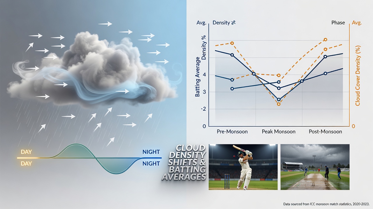 Data visualization of cloud density measurements overlaid with cricket batting average trends at monsoon test venues