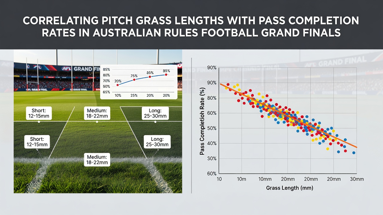 Close-up of Australian rules football players executing passes on a pitch with measured grass height