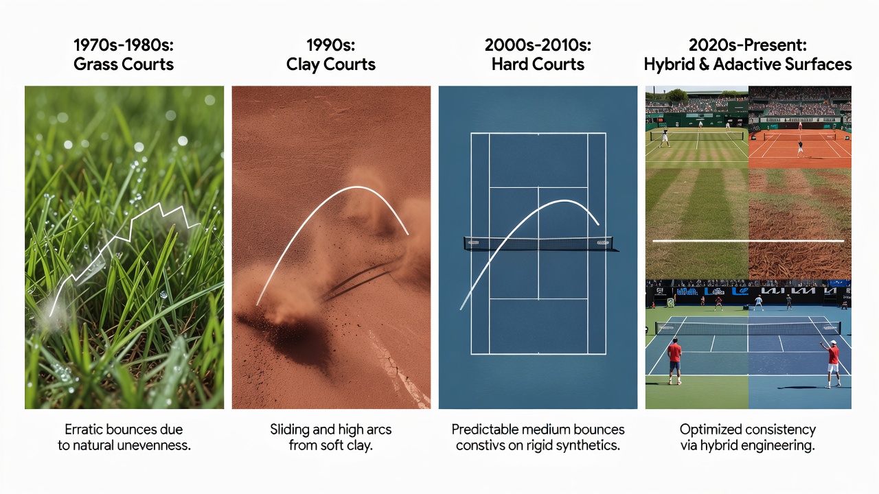Close-up view of varied tennis court surfaces showing grass, clay, and hard court textures side by side