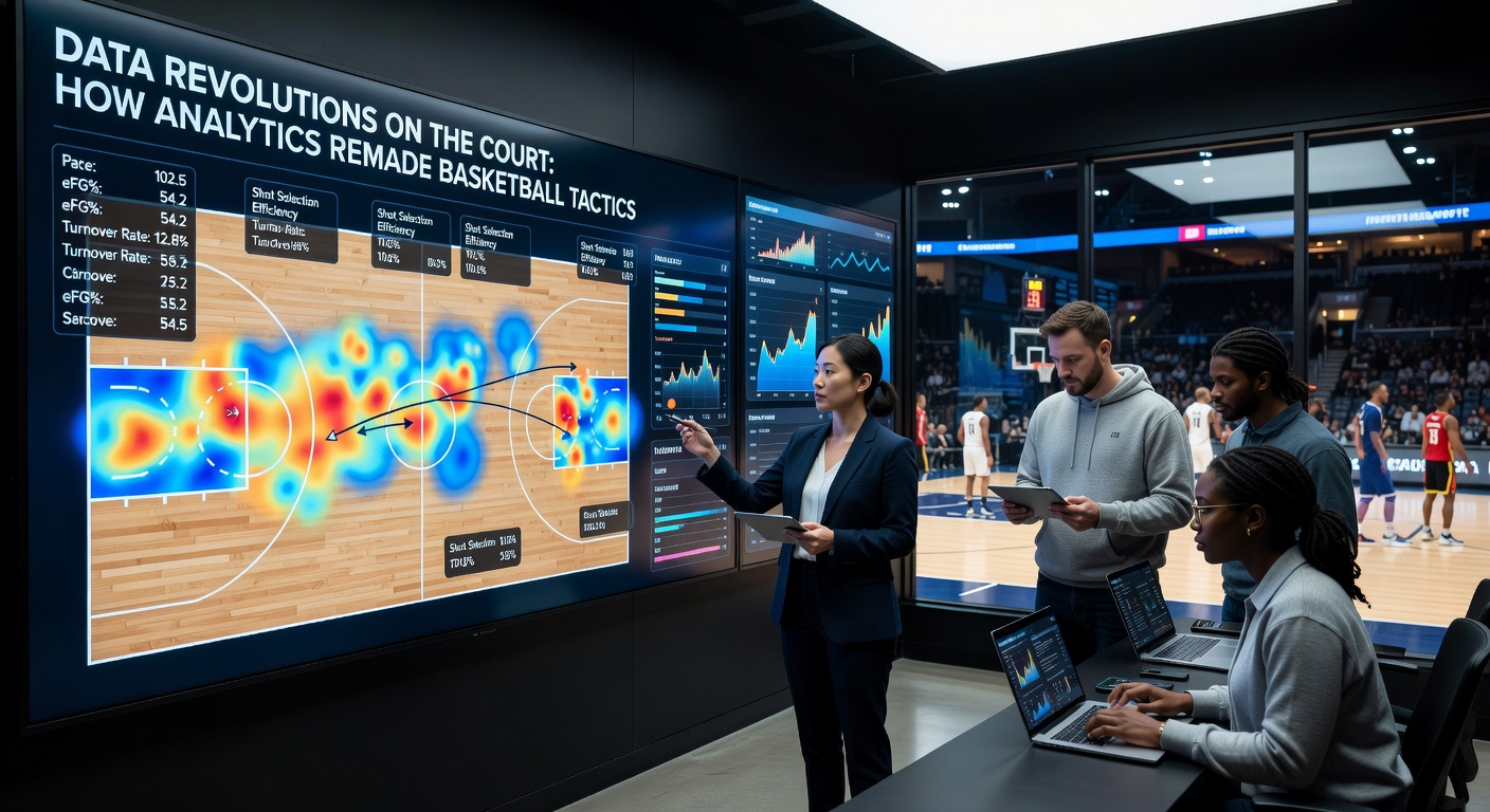 NBA coach reviewing tablet with real-time analytics data on player matchups and defensive schemes during a timeout