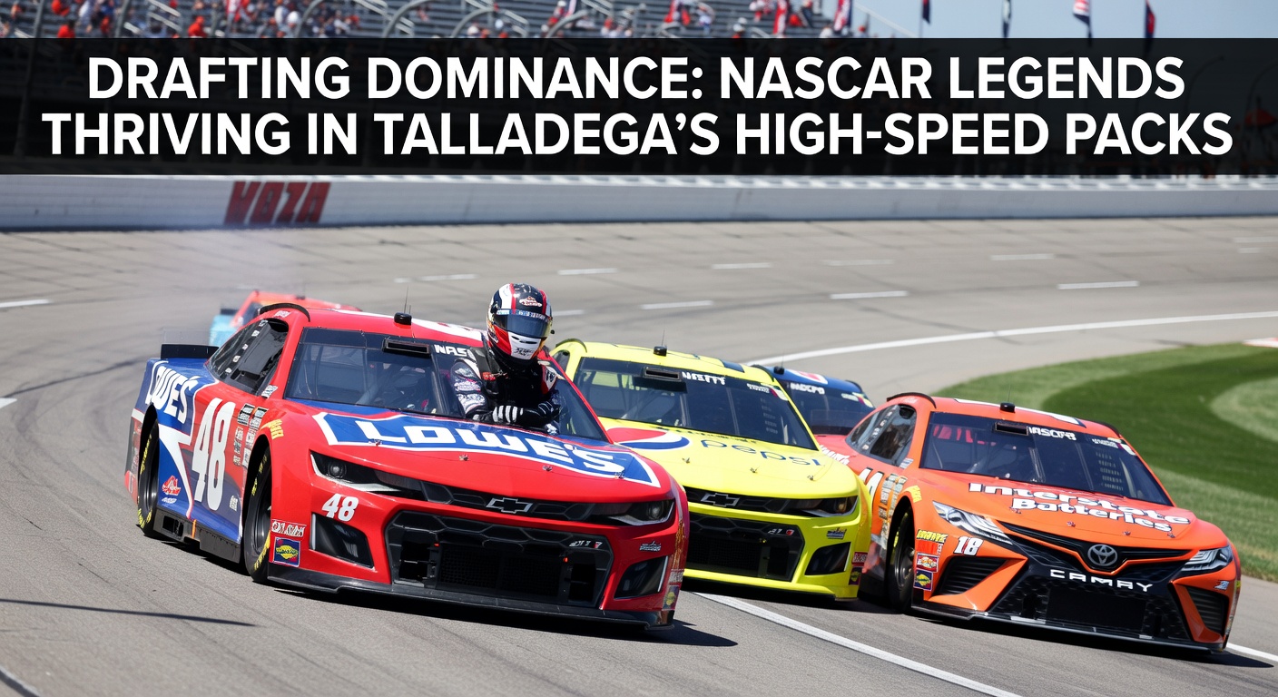 NASCAR cars tightly packed in a high-speed draft at Talladega Superspeedway, showcasing the intense aerodynamic push among legends
