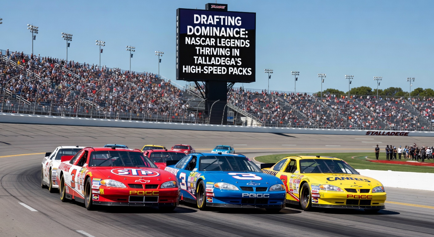 Dale Earnhardt leading a tight draft pack at Talladega, black No. 3 car pushing the limits in a legendary high-speed battle