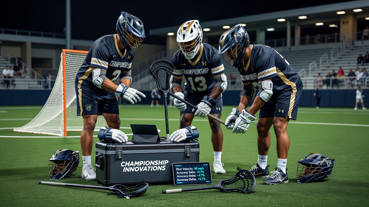 Close-up of lacrosse stick head and mesh innovations used in collegiate play