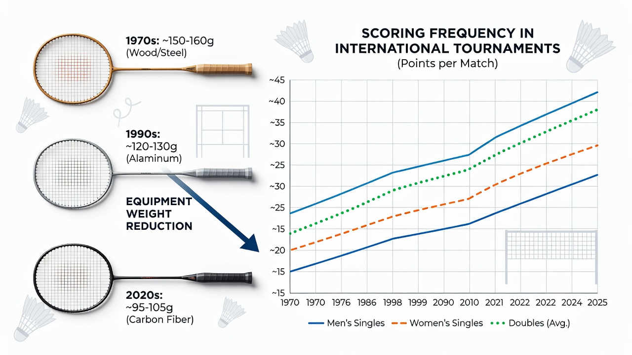 Historical progression of badminton racket weights from wooden frames in the 1970s to modern carbon fiber models under 80 grams displayed side by side