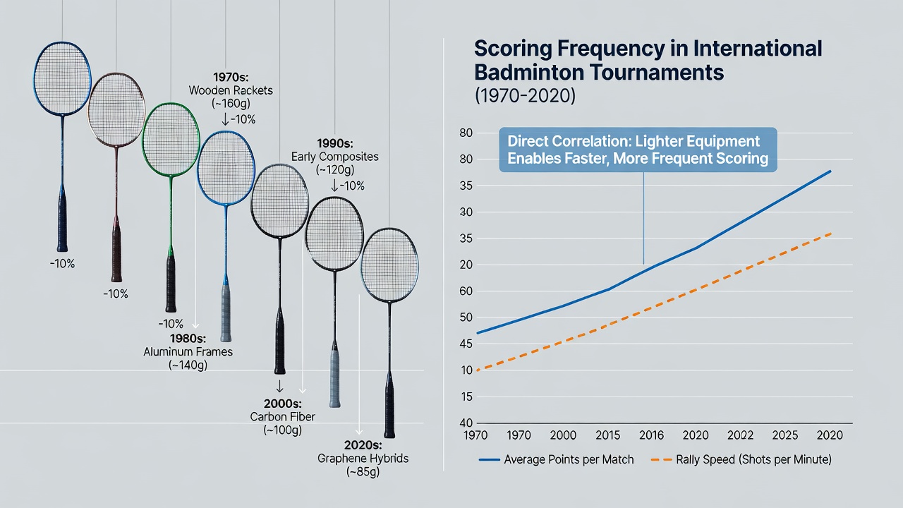Graph overlay showing racket weight decline alongside rising average points per badminton game from 1980 to 2025