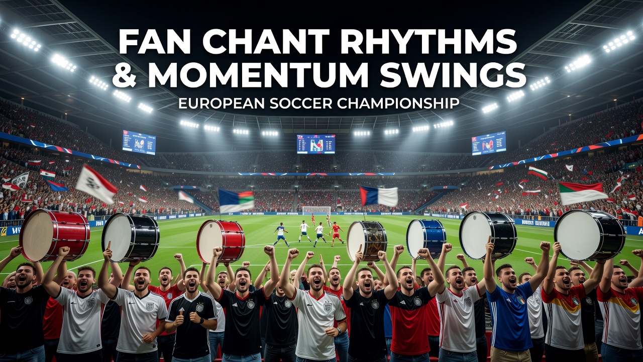 Crowds of soccer fans in a packed European stadium performing synchronized chants during a high-stakes championship match