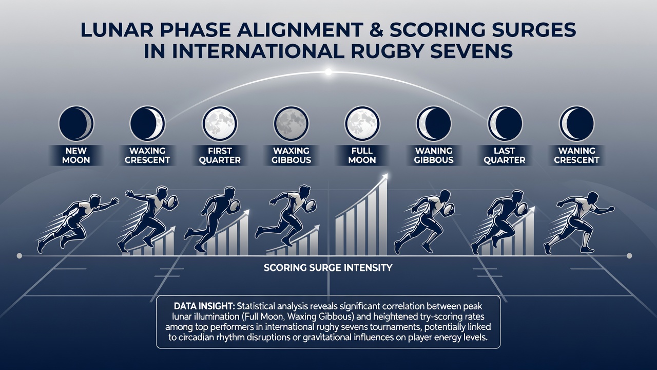 Statistical charts overlaying rugby sevens scoring data with lunar phase timelines