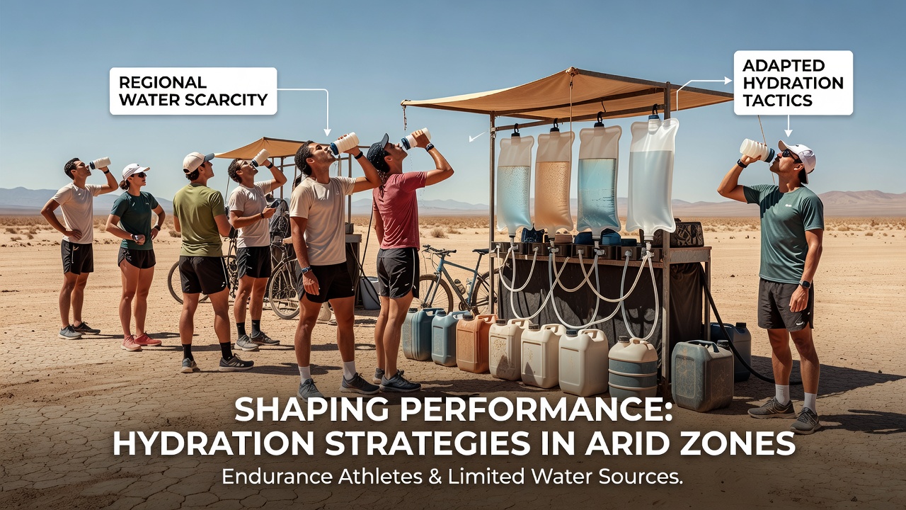 Endurance athletes refilling hydration packs from a desert well during an arid zone competition
