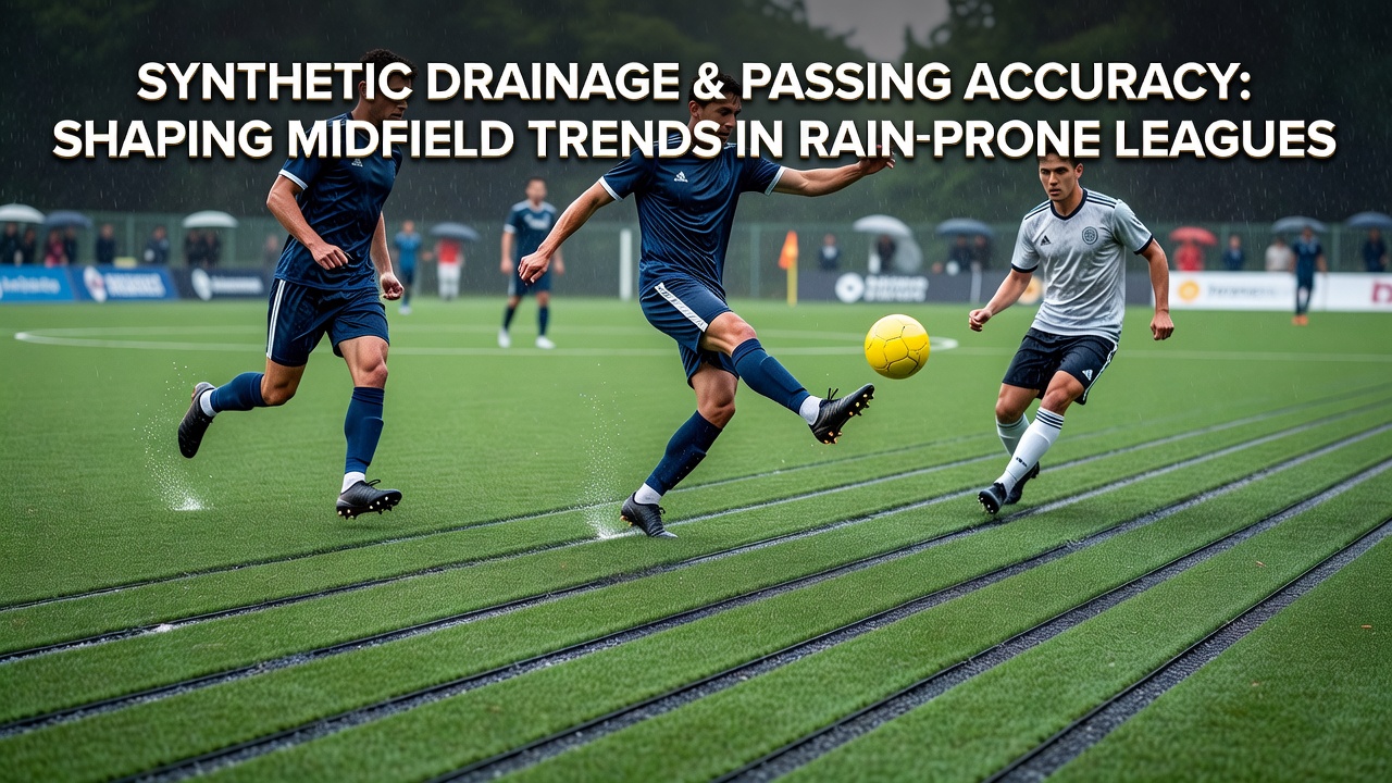 Synthetic turf drainage layers exposed during installation on a rain-prone soccer pitch