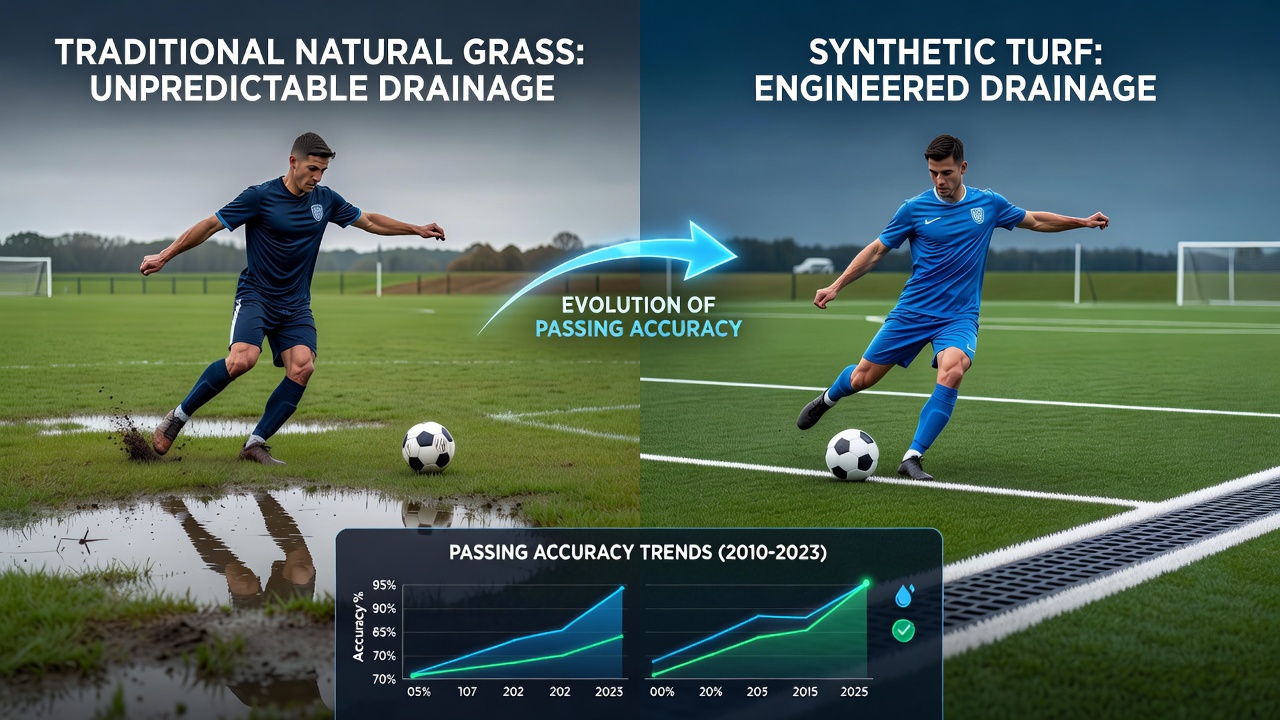 Midfielder executing a precise pass on a well-drained synthetic pitch during steady rain