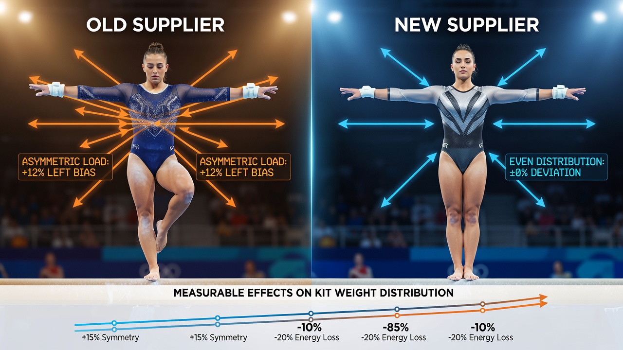 Gymnast performing on balance beam with focus on kit fit and weight distribution