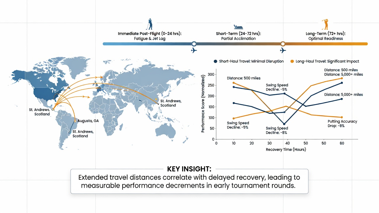 Golf performance data charts illustrating recovery impacts after long-distance travel on world tours
