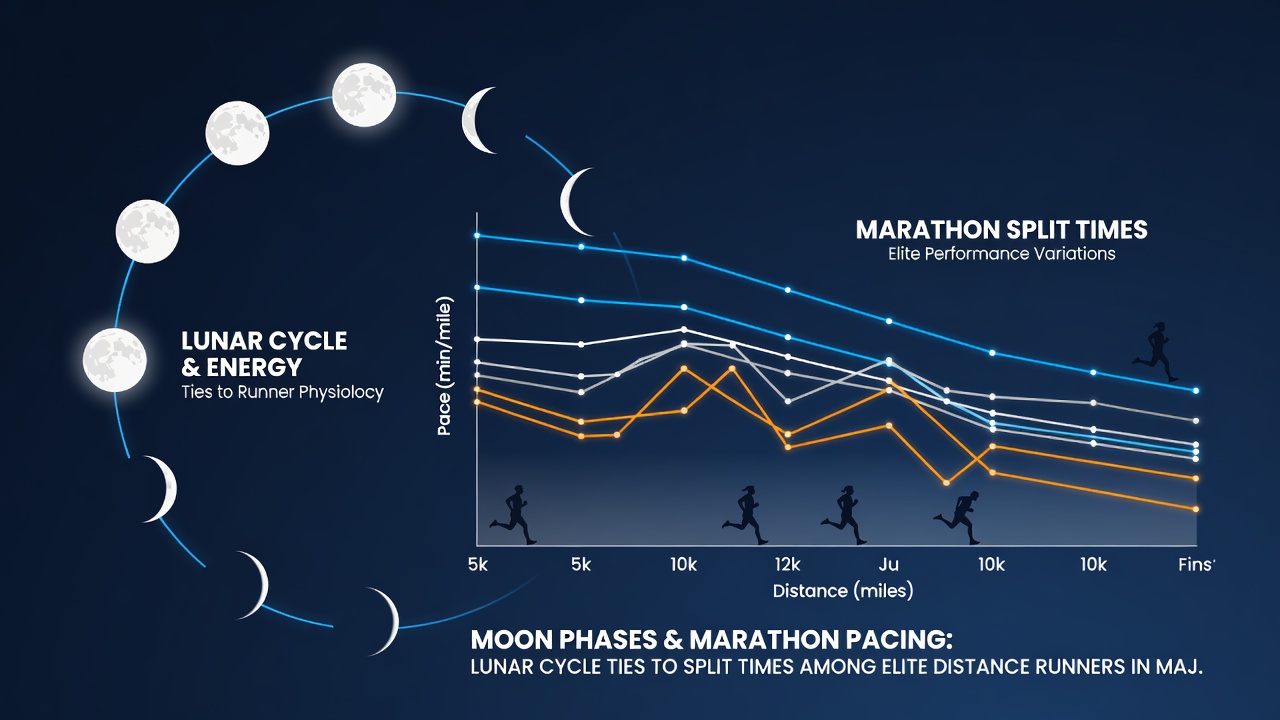 Chart overlay of marathon split times plotted against lunar phase data from multiple city events