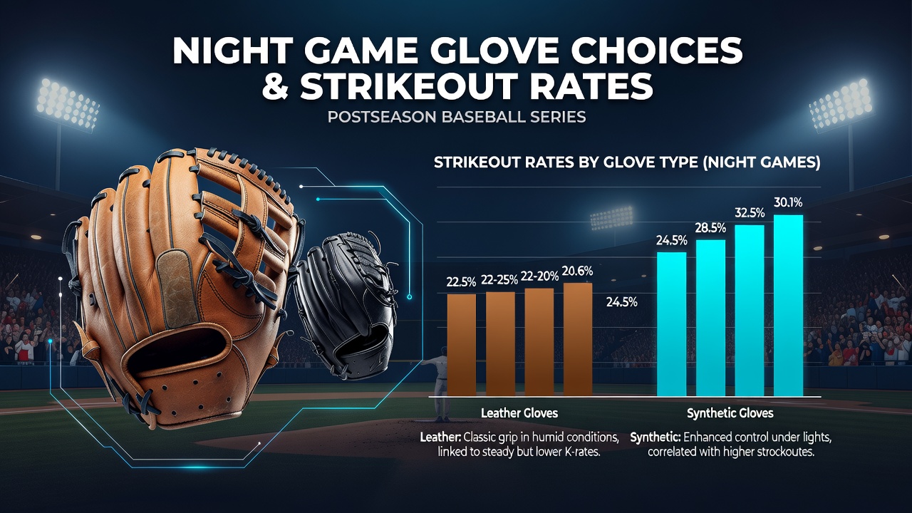 Close-up of different baseball gloves used in night games with lighting effects visible
