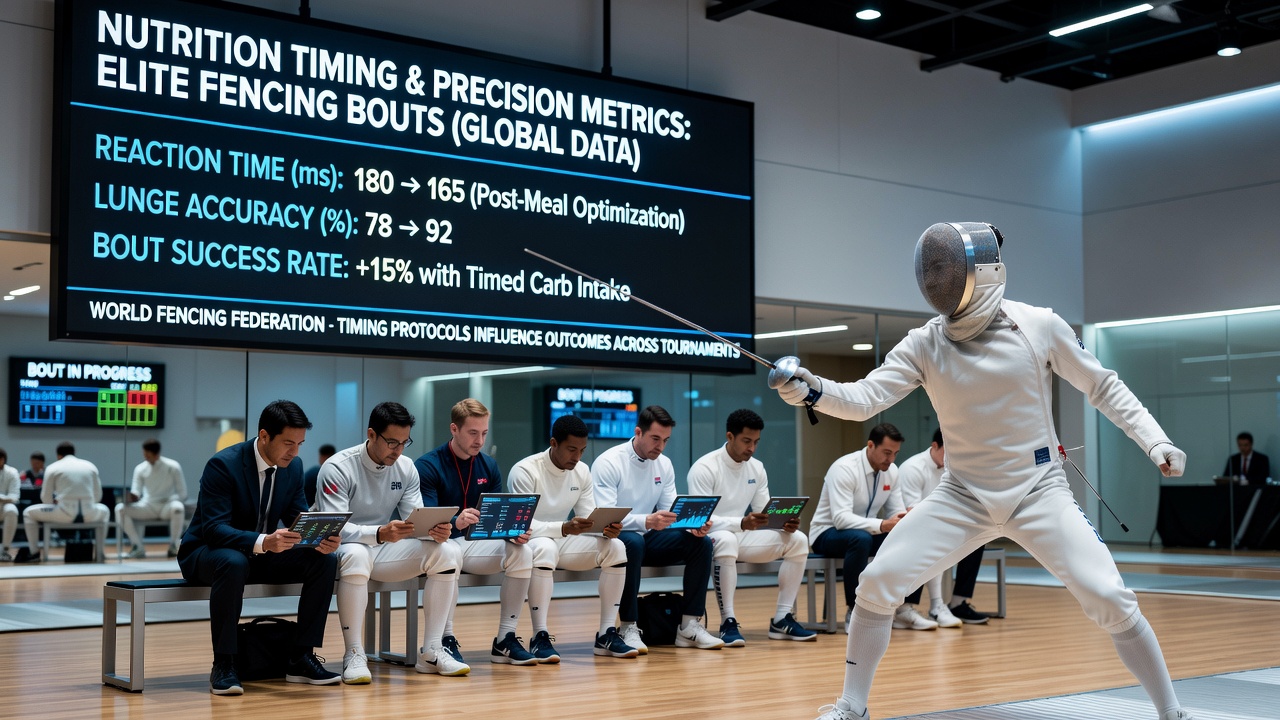 Fencing athletes monitoring hydration and nutrient intake between rounds at a major international event