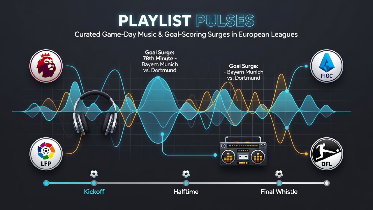 Stadium crowd responding to curated music during a European soccer match with players on the pitch