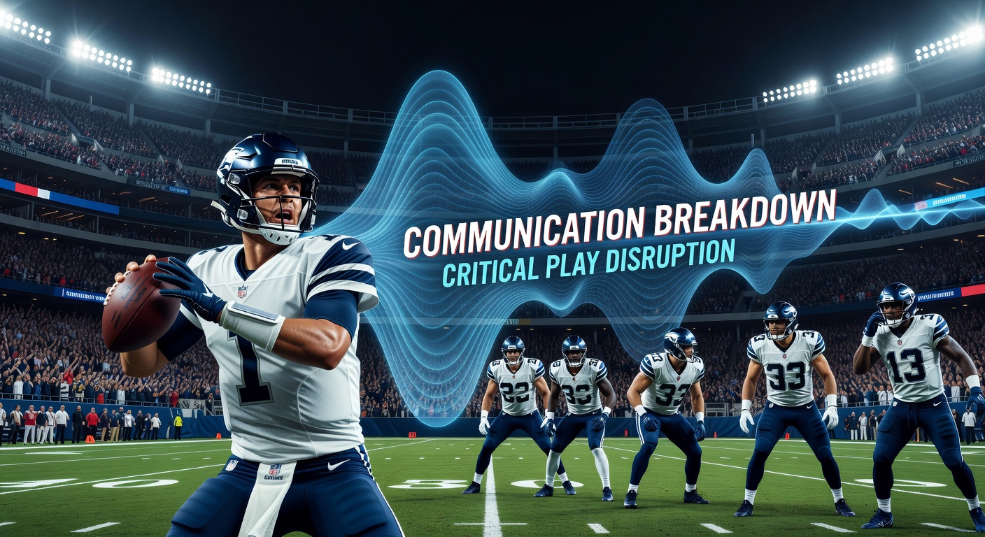 Quarterback attempting hand signals amid intense stadium crowd noise in a playoff game