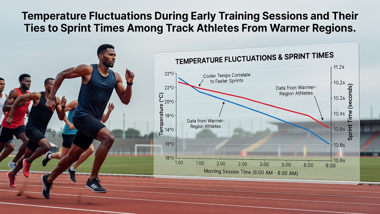 Track athletes from warmer regions completing sprint drills during variable morning temperatures on an outdoor facility
