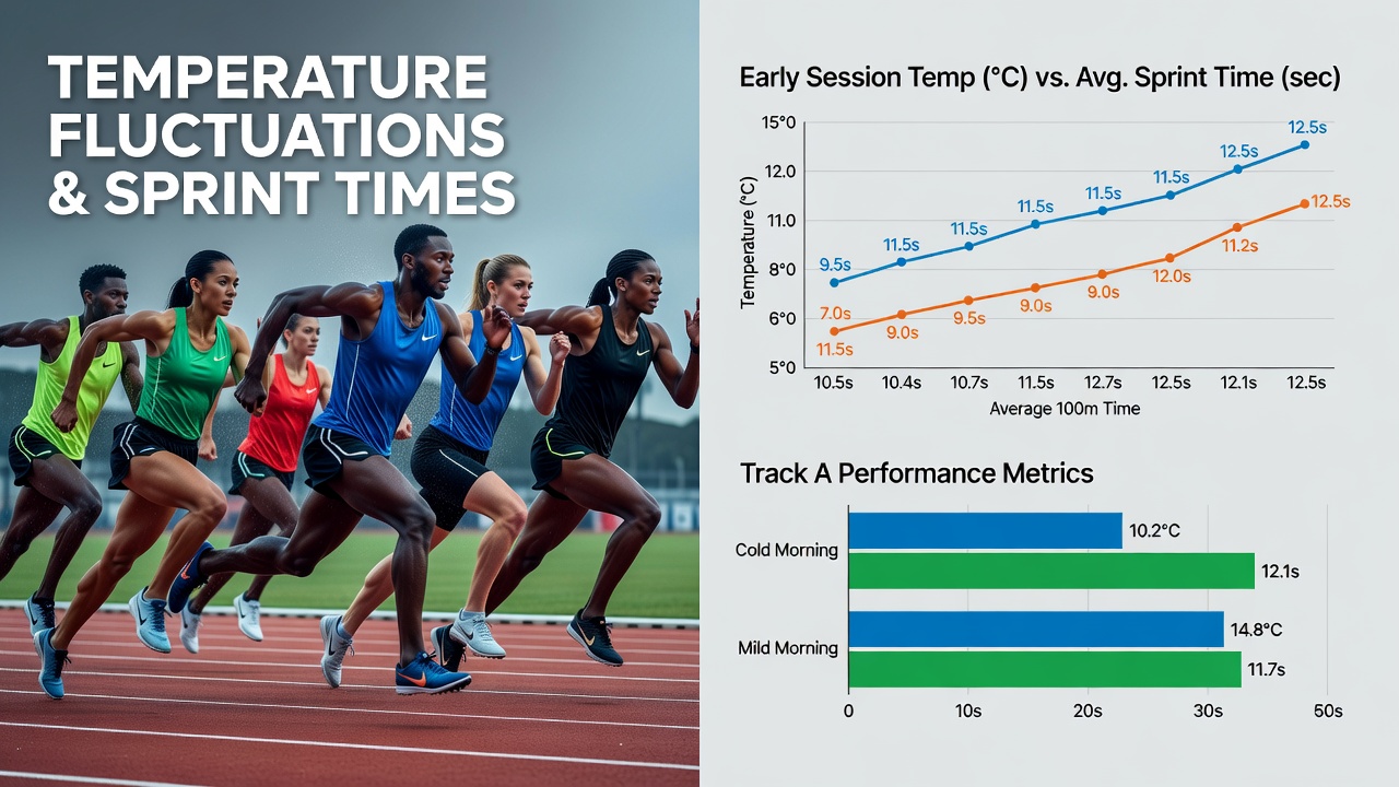 Close-up of timing equipment and temperature sensors used during early morning track training with athletes from tropical regions