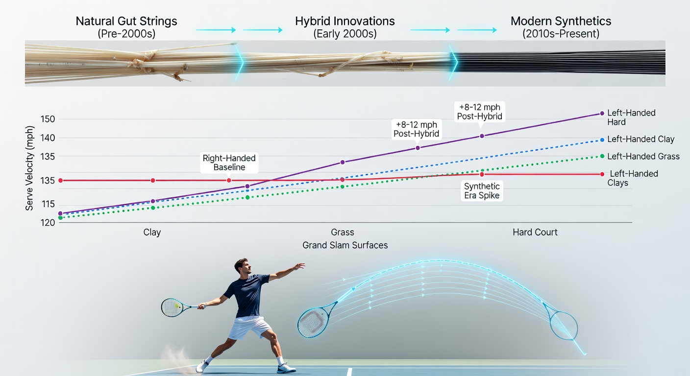 Close-up of tennis racket strings showing varied thread counts and tension patterns on a professional court
