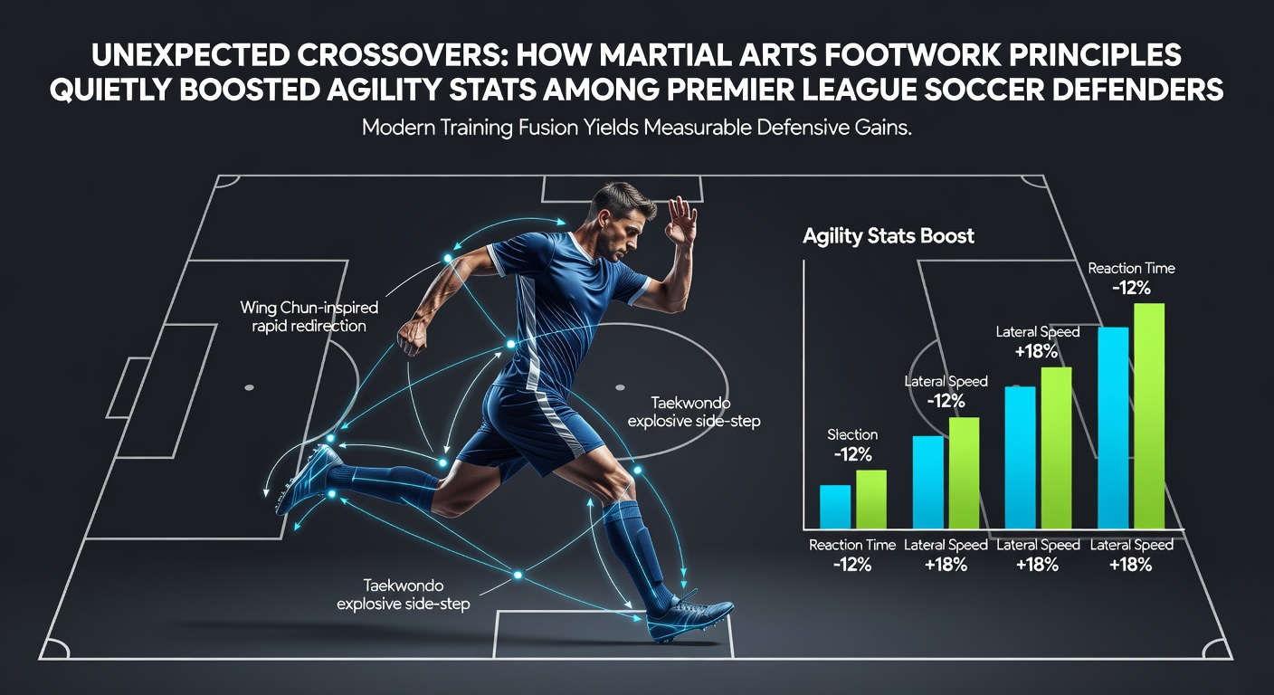 Premier League defender executing precise lateral movements drawn from martial arts footwork during a training session