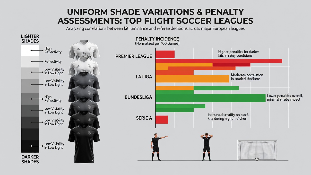Referee signaling a decision during a soccer match with teams displaying different uniform shade intensities